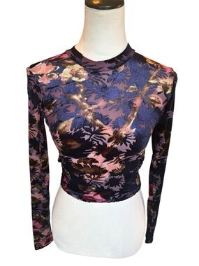 Mint Vanilla Whimsygoth Floral mesh long sleeve mock neck crop top